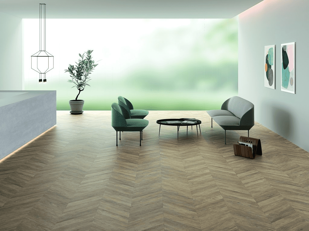 Ruang Tunggu Minimalis dengan Lantai Keramik Kayu Herringbone